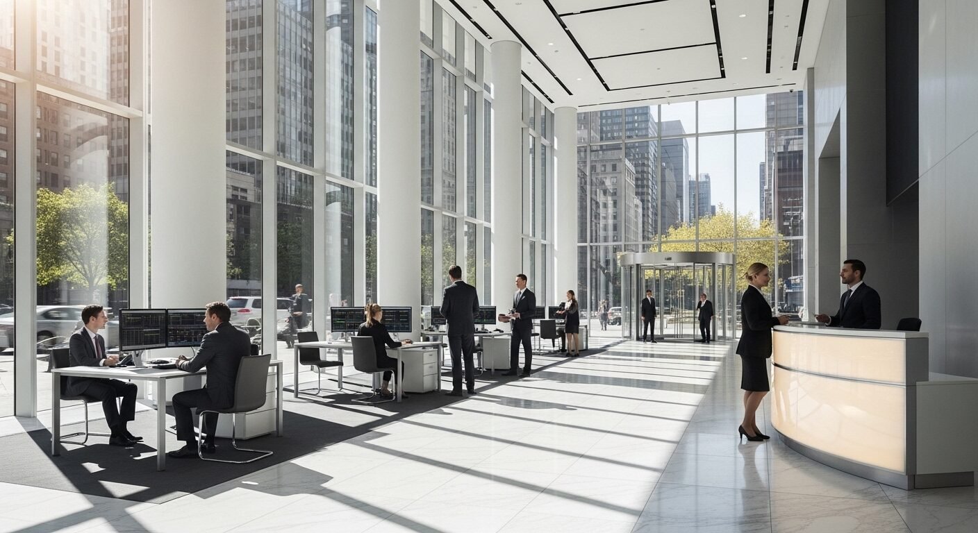 Sảnh ngân hàng hiện đại, tràn ngập ánh sáng, nơi các chuyên gia tài chính đang tư vấn và xử lý giao dịch, minh họa về những gì học kinh tế ra làm gì trong môi trường doanh nghiệp.