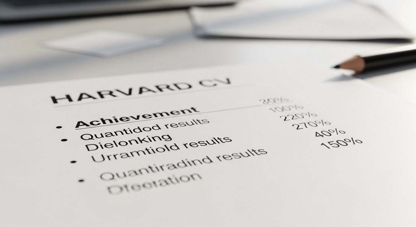 Cận cảnh mẫu CV Harvard, tập trung vào các gạch đầu dòng thành tích với số liệu định lượng, tỷ lệ phần trăm rõ nét trong môi trường văn phòng chuyên nghiệp.