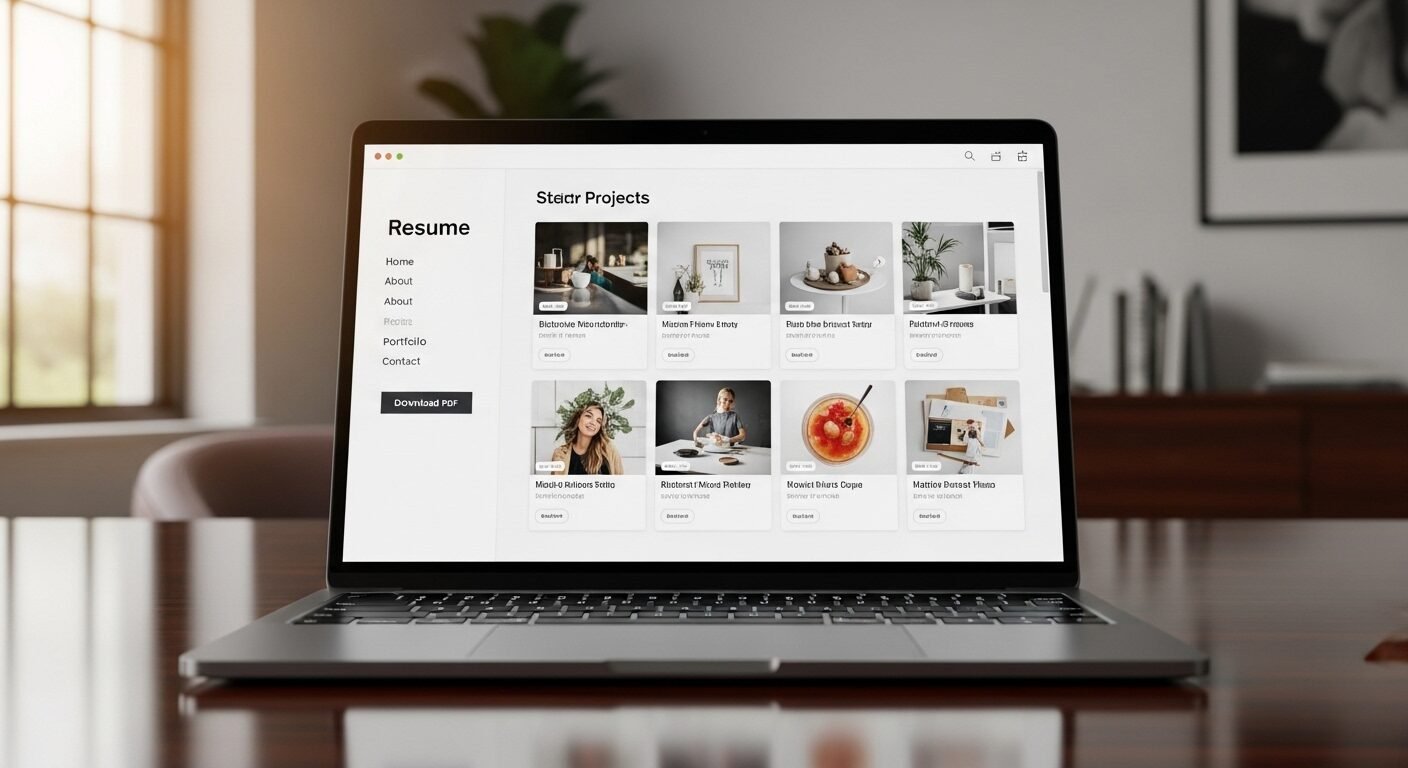 Mẫu CV cho designer hiện đại trên màn hình laptop, trình bày portfolio với thumbnail dự án và giao diện thân thiện.