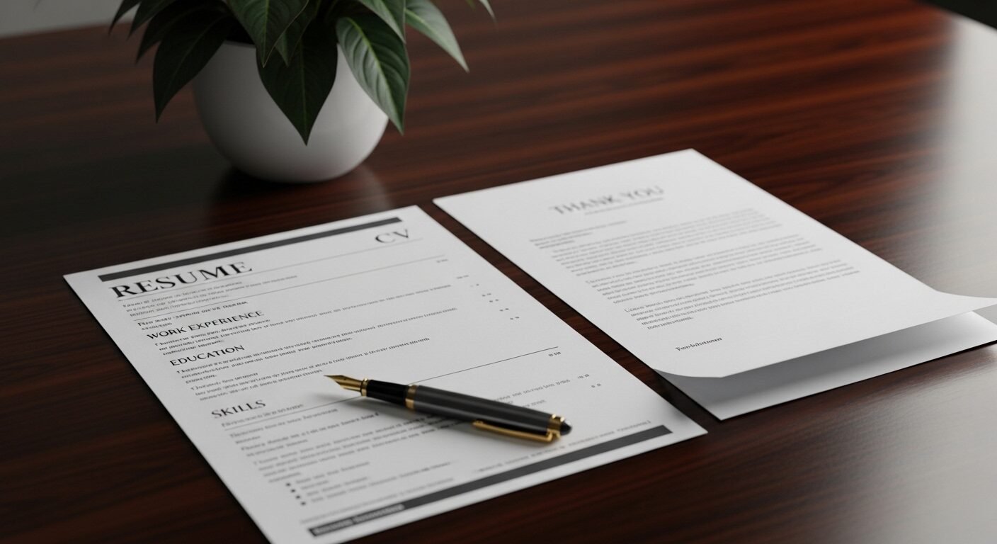 Sơ yếu lý lịch (CV) và thư cảm ơn chuyên nghiệp đặt trên bàn gỗ tối màu, cùng bút máy và cây xanh. Hình ảnh thể hiện sự chuẩn bị kỹ lưỡng, giúp ứng viên tự tin tránh mắc phải những điều không nên nói khi phỏng vấn.