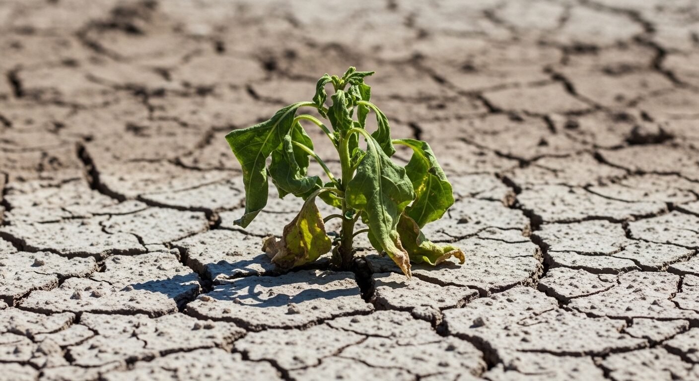 Cây xanh nhỏ héo úa trên nền đất khô nứt, hình ảnh ẩn dụ cho sự thiếu thốn và điều kiện không thuận lợi. Một red flag trong phỏng vấn báo hiệu môi trường làm việc không lý tưởng.