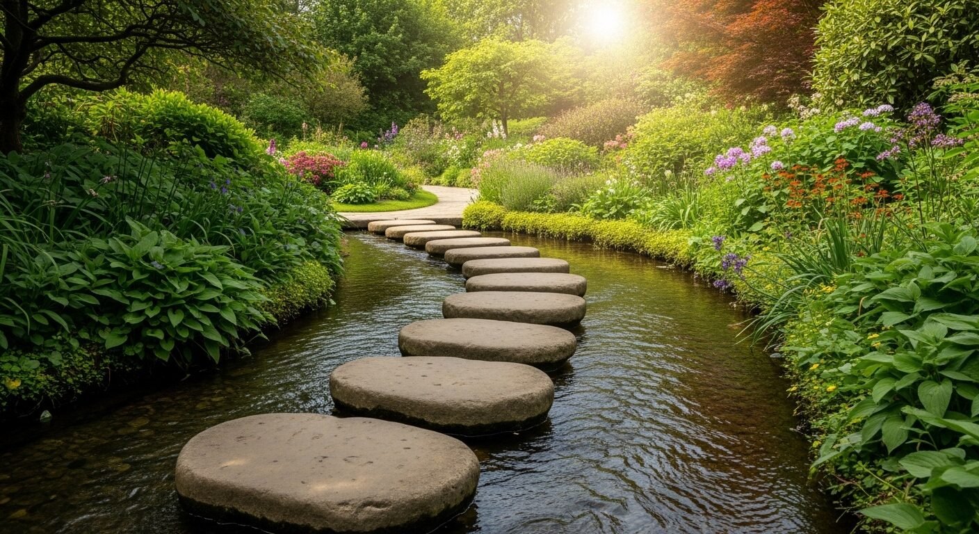 Con đường đá bước rõ ràng, êm ái qua dòng suối trong vườn, tạo lối đi thuận lợi giúp bạn tự tin chuẩn bị cho phỏng vấn, biết cách tốt khoe xấu che.