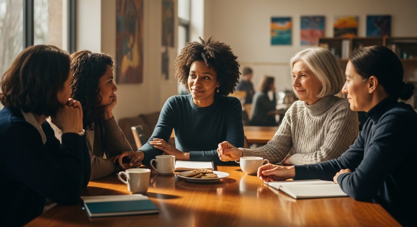 Nhóm phụ nữ đa dạng trò chuyện thân mật, hỗ trợ lẫn nhau tại trung tâm cộng đồng, đặc biệt chia sẻ kinh nghiệm cho mẹ đơn thân tìm việc và vượt qua khó khăn.