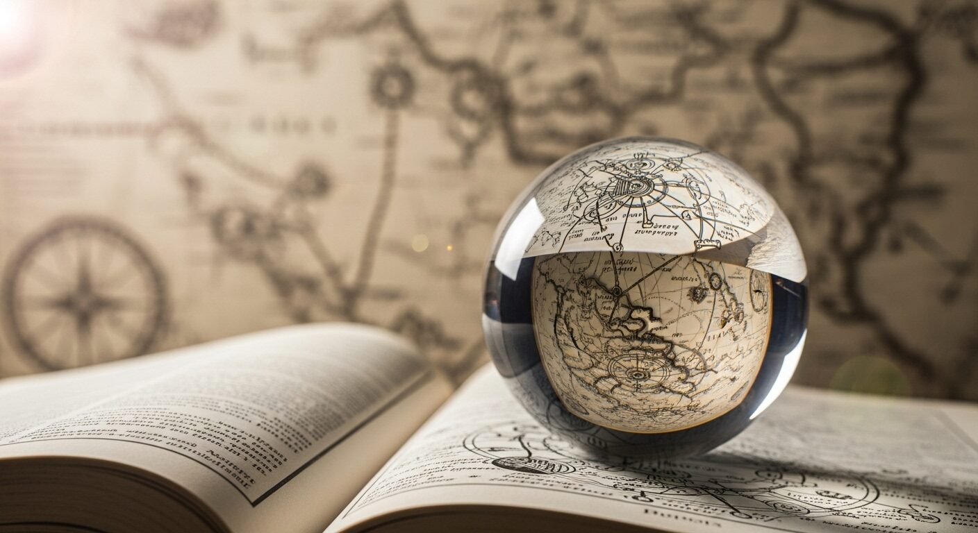 Quả cầu thủy tinh phản chiếu sơ đồ phức tạp trên sách, bản đồ định hướng phía sau, gợi mở về con đường học vấn. Hình ảnh nhấn mạnh tầm quan trọng của định hướng rõ ràng cho học sinh khi đối mặt với quy định bỏ tuyển thẳng khoa học kỹ thuật, để kiến tạo tương lai.