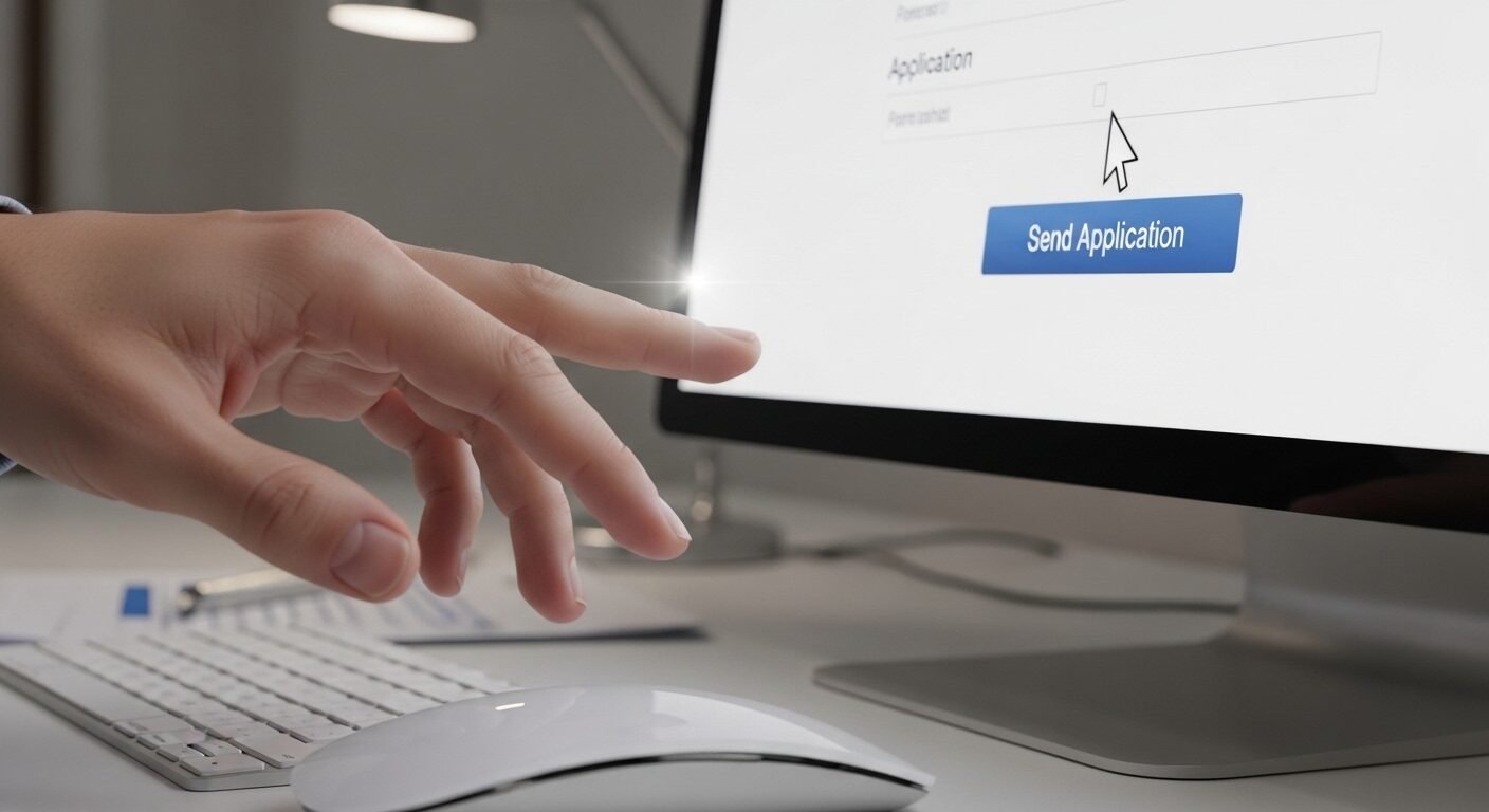Bàn tay đặt trên chuột, sẵn sàng nhấn 