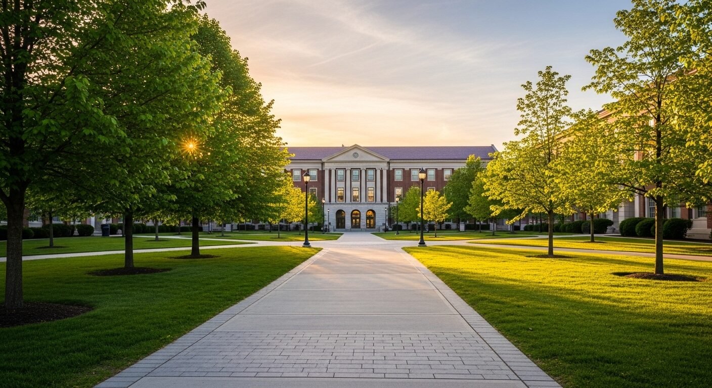 Khuôn viên trường đại học thanh bình dưới ánh nắng vàng, với lối đi lát đá cong dẫn đến thư viện và cây xanh tươi tốt. Một khung cảnh lý tưởng cho những sinh viên tương lai quan tâm Tuyển sinh Đại học Ngoại ngữ 2026.
