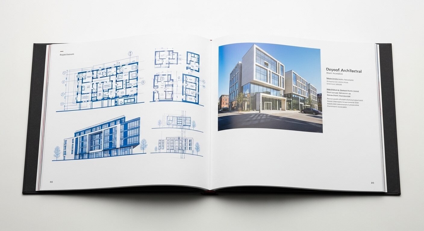 Portfolio chuyên nghiệp mở, trưng bày bản vẽ kiến trúc và ảnh dự án chi tiết trên bàn trắng. Hình ảnh minh họa chất lượng cho một bộ CV và Portfolio ấn tượng. Portfolio chuyên nghiệp mở, trưng bày bản vẽ kiến trúc và ảnh dự án chi tiết trên bàn trắng. Hình ảnh minh họa chất lượng cho một bộ CV và Portfolio ấn tượng.