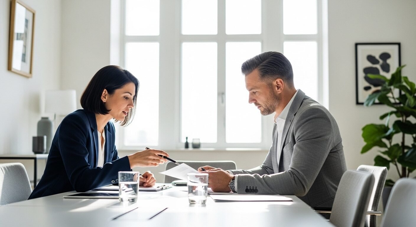 Hai chuyên gia luật họp trong văn phòng hiện đại, cùng xem xét tài liệu và thảo luận về tầm quan trọng của GPA trong CV ngành Luật khi tuyển dụng. Hai chuyên gia luật họp trong văn phòng hiện đại, cùng xem xét tài liệu và thảo luận về tầm quan trọng của GPA trong CV ngành Luật khi tuyển dụng.
