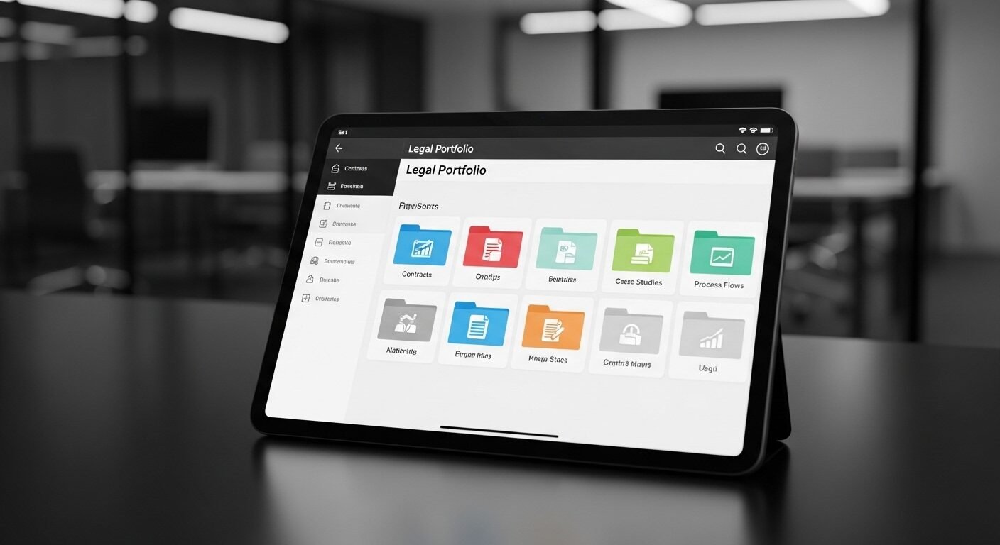 Màn hình máy tính bảng hiển thị rõ nét Portfolio pháp lý kỹ thuật số được sắp xếp khoa học, với các thư mục như 'Hợp đồng' và 'Nghiên cứu điển hình'.
