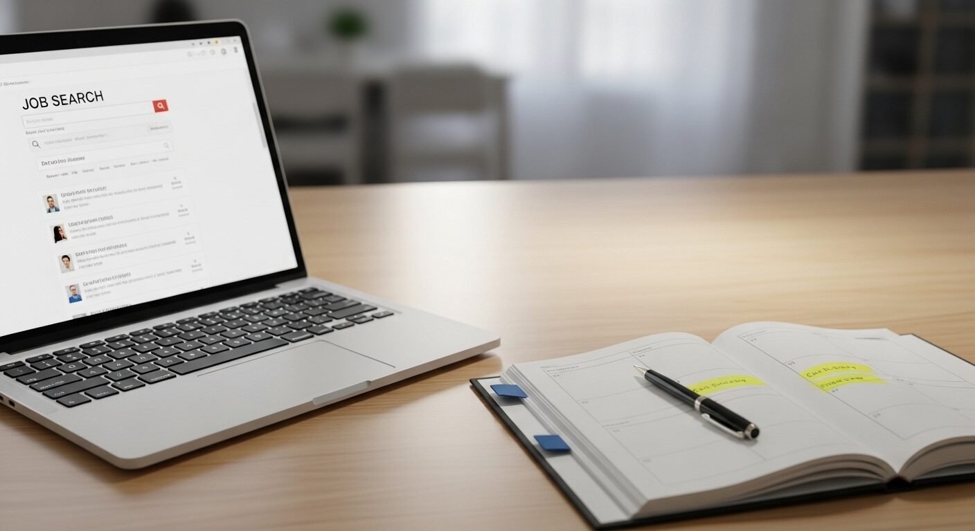 Bàn làm việc gọn gàng với laptop hiển thị trang tìm việc, sổ kế hoạch mở và bút, thể hiện sự chuẩn bị kỹ lưỡng cho việc tìm việc sau Tết.