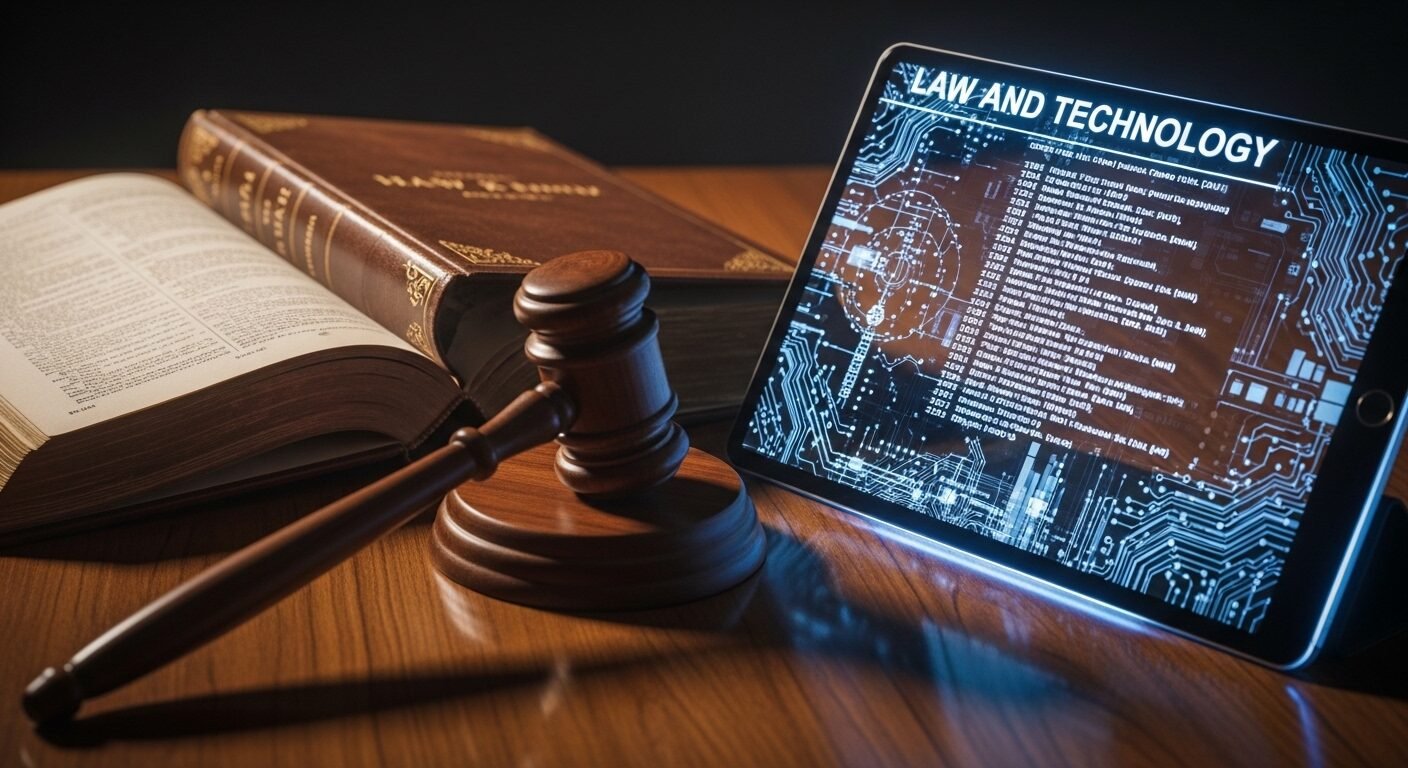 Sách luật, búa thẩm phán và máy tính bảng hiển thị mã luật số, minh họa sự hội tụ của luật pháp và công nghệ – một khía cạnh quan trọng trong các phương án tuyển sinh ĐH Kinh tế Luật ngày nay.