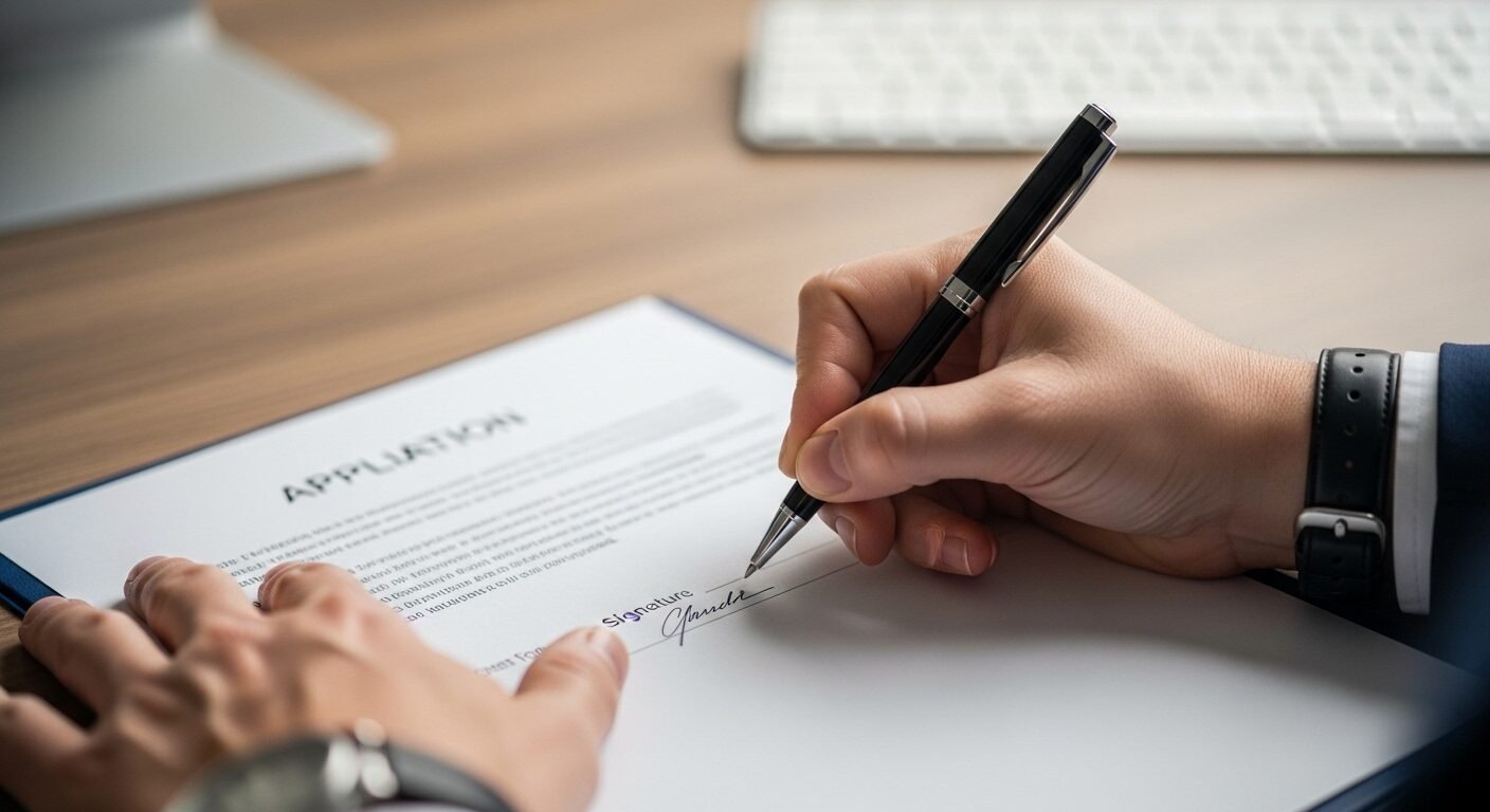 Cận cảnh bàn tay ký đơn xin việc bằng bút đen, một bước quan trọng trong hướng dẫn điền đơn xin việc.
