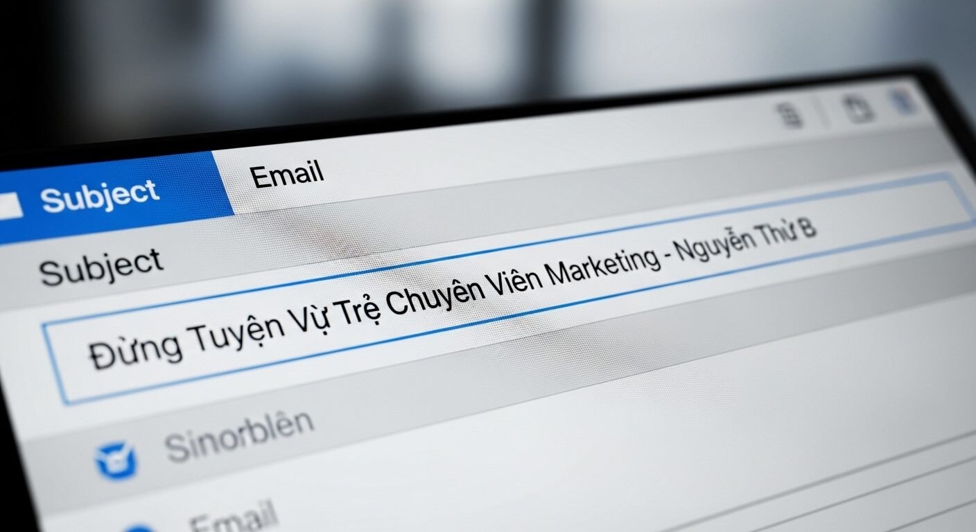 Tiêu đề email 'Ứng Tuyển Vị Trí Chuyên Viên Marketing - Nguyễn Thị B' trên màn hình máy tính, minh họa cho Cách viết email ứng tuyển chuyên nghiệp và thu hút.