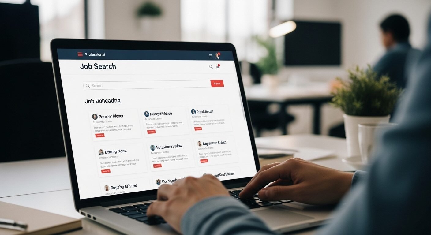 Ngắn gọn, mô tả chính xác nội dung ảnh (laptop, website tìm việc, tay, không gian văn phòng), và tích hợp từ khóa Ngắn gọn, mô tả chính xác nội dung ảnh (laptop, website tìm việc, tay, không gian văn phòng), và tích hợp từ khóa