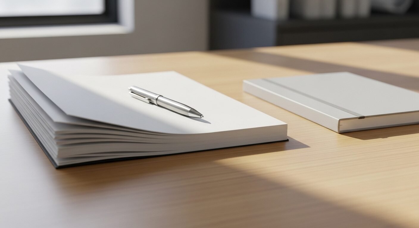 Bàn làm việc chuyên nghiệp, gọn gàng với chồng tài liệu báo cáo thử việc trắng tinh, bút và sổ tay.