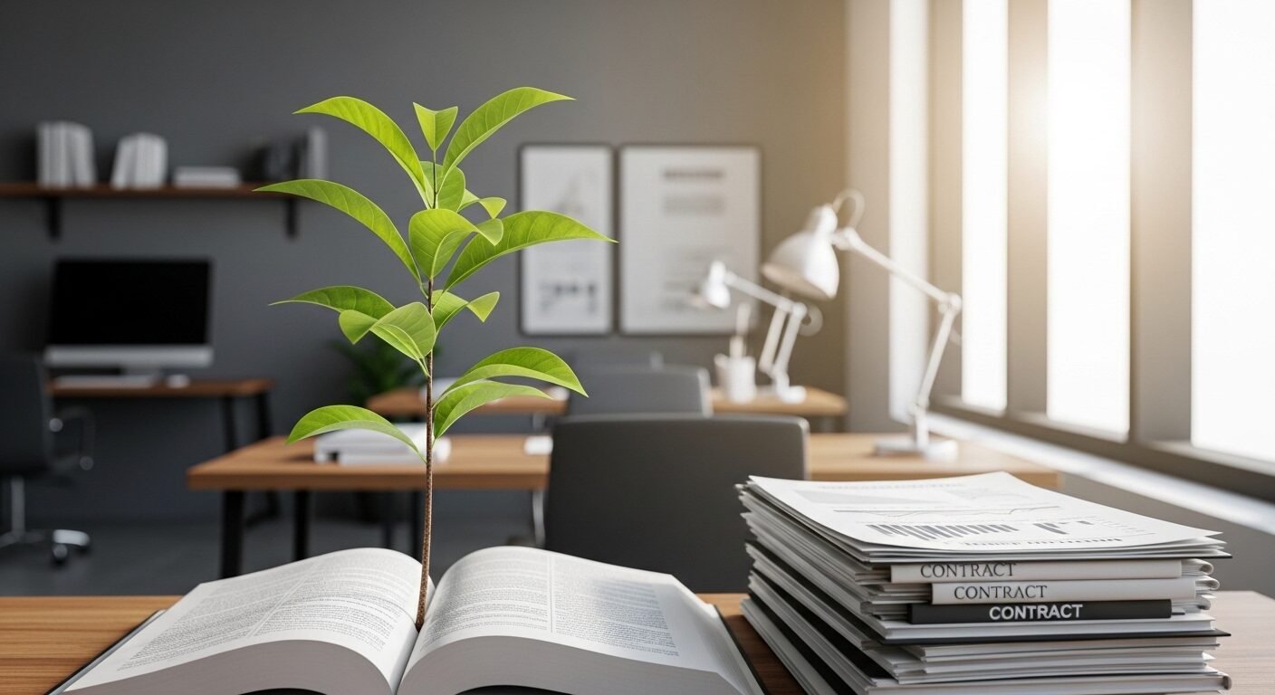 Cây non xanh tươi vươn lên mạnh mẽ từ chồng văn bản pháp lý và tài liệu kinh doanh, tượng trưng cho tăng trưởng bền vững nhờ kỹ năng pháp chế vững chắc.