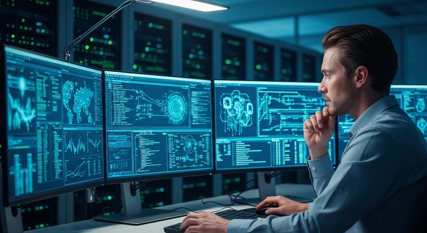 Chuyên gia khoa học dữ liệu tài chính tập trung phân tích thuật toán tài chính phức tạp trên màn hình lớn trong trung tâm dữ liệu hiện đại, một vai trò then chốt trong tuyển dụng ngành ngân hàng.