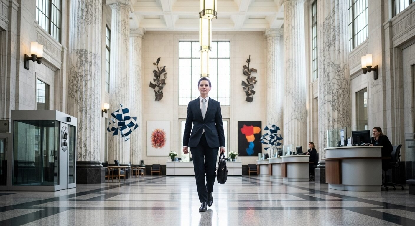 Một người mặc đồ công sở lịch lãm, mang cặp tài liệu, tự tin bước vào sảnh ngân hàng sáng sủa, thể hiện sự chuyên nghiệp và sẵn sàng cho các câu hỏi phỏng vấn ngân hàng quan trọng. Một người mặc đồ công sở lịch lãm, mang cặp tài liệu, tự tin bước vào sảnh ngân hàng sáng sủa, thể hiện sự chuyên nghiệp và sẵn sàng cho các câu hỏi phỏng vấn ngân hàng quan trọng.