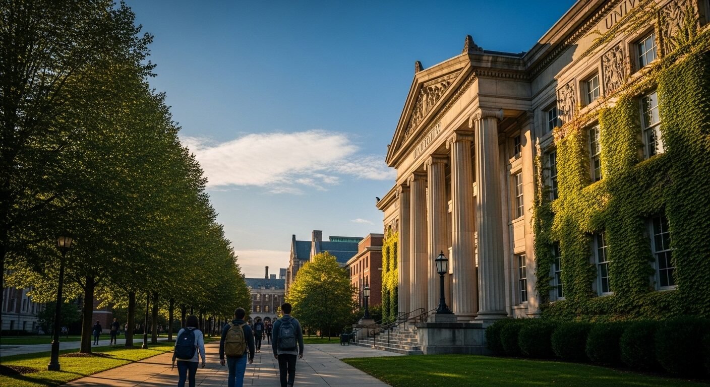 Khuôn viên trường đại học tráng lệ với kiến trúc cổ điển, tường phủ dây leo và sinh viên năng động, một môi trường học thuật lý tưởng cho những ai đang tìm hiểu về điểm sàn ngành luật và các ngành học khác.