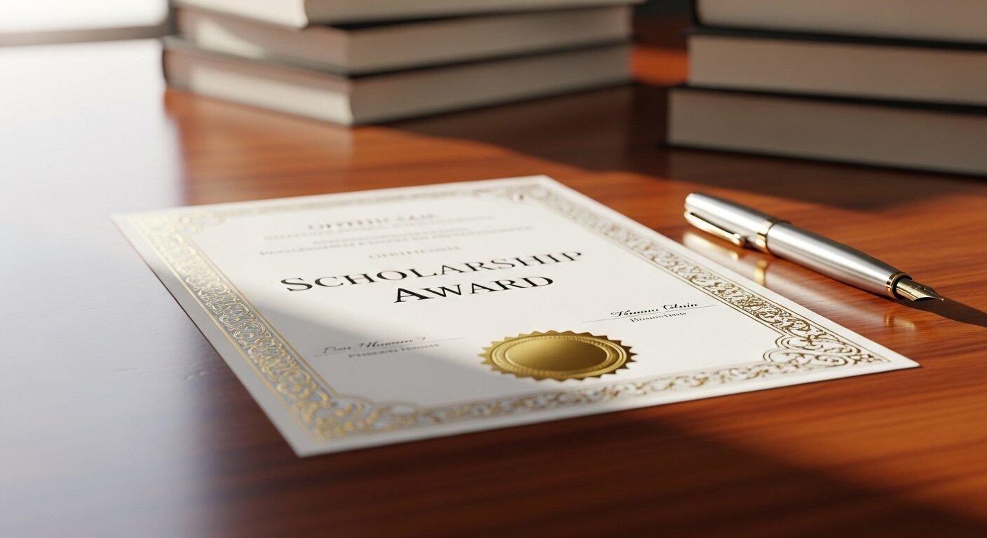 Giấy chứng nhận Học bổng được đặt trang trọng trên bàn, tượng trưng cho cơ hội học tập tại các cơ sở giáo dục hàng đầu, kể cả top 10 trường đại học đắt đỏ nhất Việt Nam.
