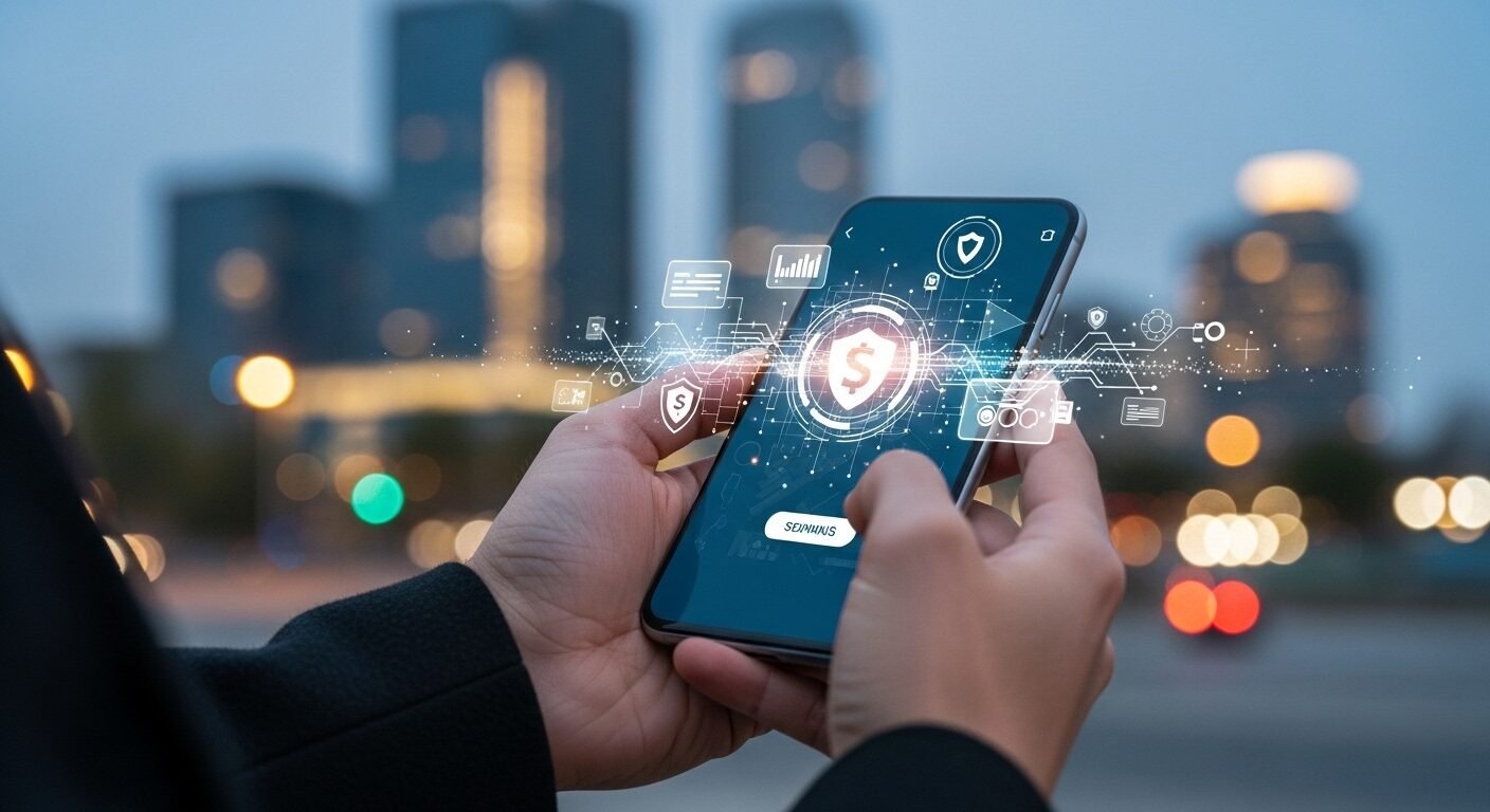 Bàn tay cầm smartphone hiển thị ứng dụng ngân hàng di động với giao dịch chuyển tiền an toàn, trên nền thành phố hiện đại lúc hoàng hôn. Hình ảnh minh họa cho các ứng dụng thực tế và cơ hội nghề nghiệp khi học tài chính ngân hàng ra làm gì.