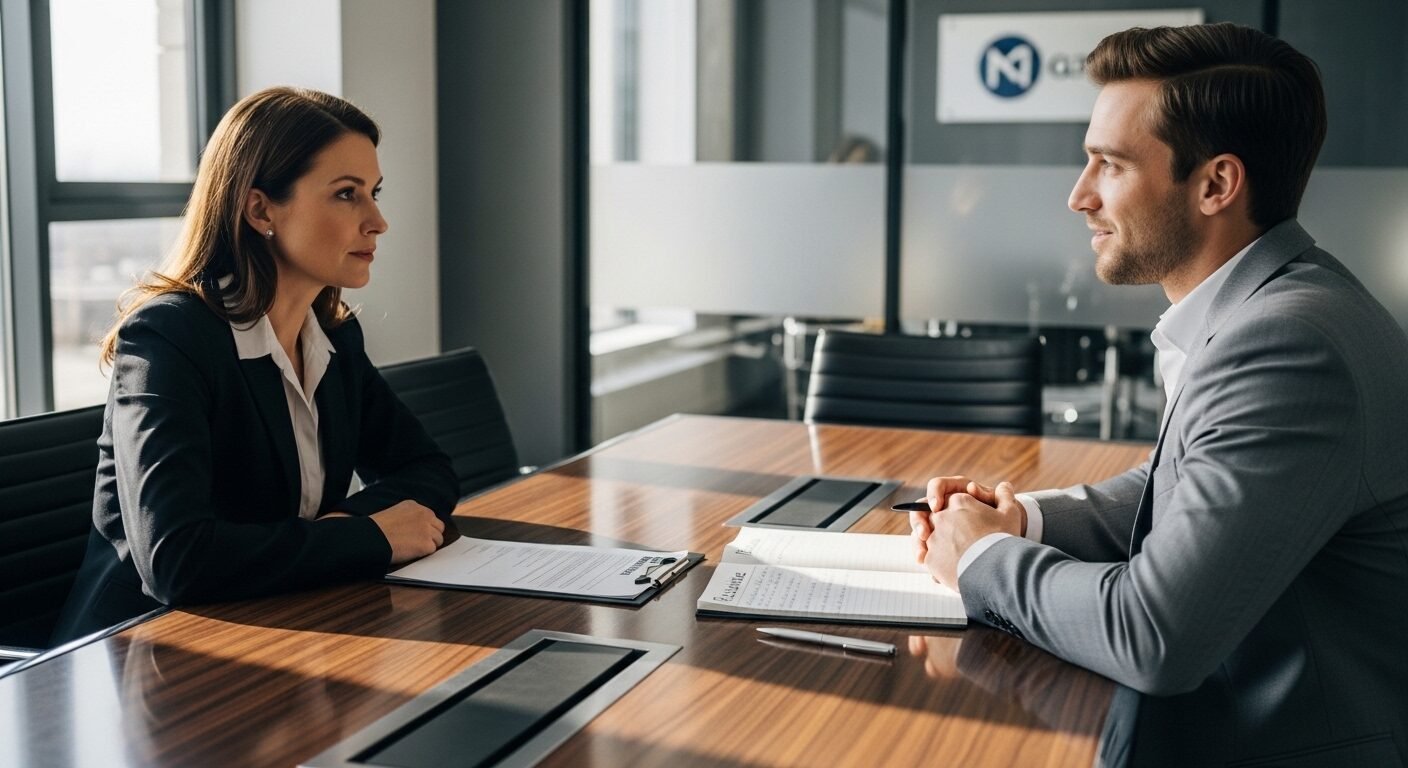 Cảnh phỏng vấn chuyên nghiệp tại văn phòng ngân hàng hiện đại. Ứng viên và người phỏng vấn đang thảo luận các câu hỏi phỏng vấn ngân hàng với tài liệu trên bàn.