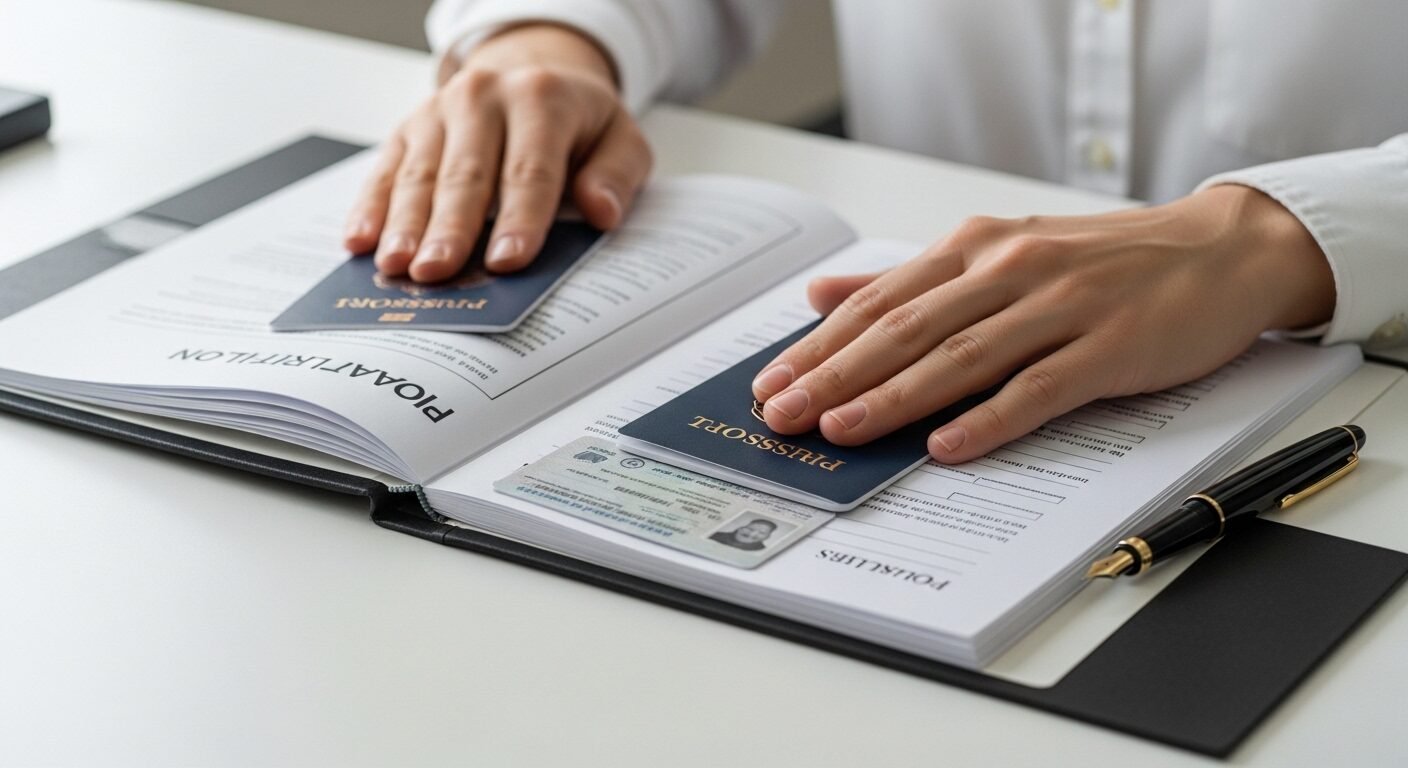 Bàn tay cẩn thận kiểm tra các giấy tờ quan trọng trong túi hồ sơ xin việc trên bàn làm việc gọn gàng, có ảnh thẻ và căn cước công dân.