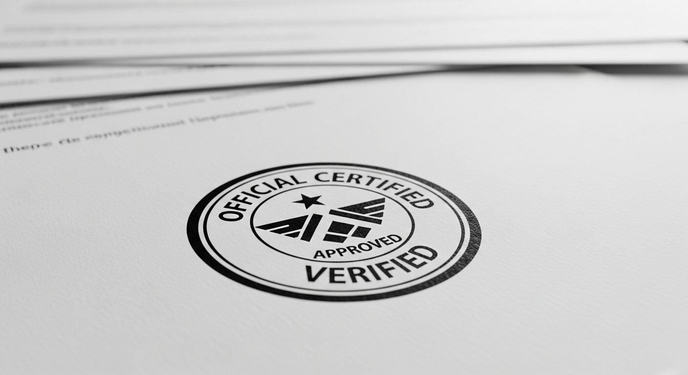 Cận cảnh hồ sơ xin việc có dấu xác nhận chính thức trên giấy trắng, với chồng tài liệu mờ phía sau. Hữu ích khi tìm mua hồ sơ xin việc ở đâu TPHCM.