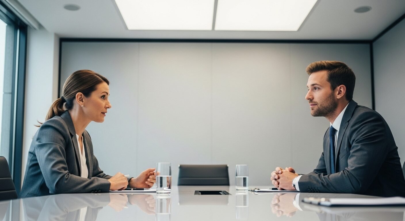 Buổi phỏng vấn xin việc trong phòng họp hiện đại, ứng viên và nhà tuyển dụng thảo luận về hồ sơ xin việc Tiki.