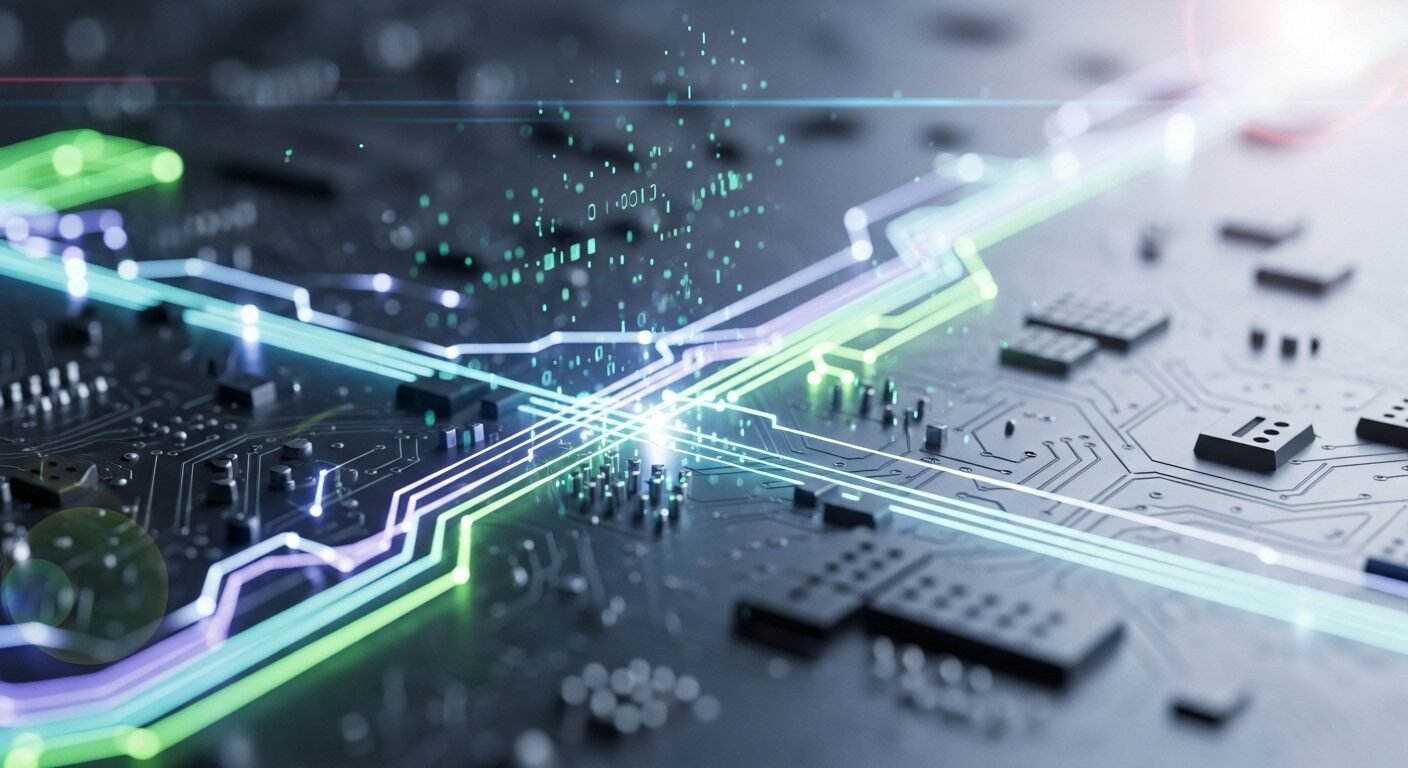 Mạch điện tử công nghệ cao với dòng dữ liệu phát sáng, tượng trưng cho kết nối toàn cầu và sự phức tạp của quá trình xử lý hồ sơ xin việc Hồng Hải.