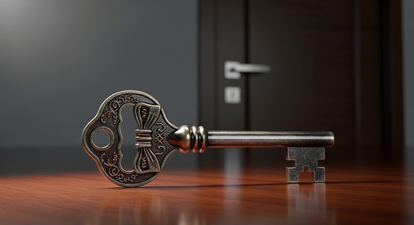 Chìa khóa kim loại cổ điển chi tiết trên gỗ bóng, trước cửa văn phòng hiện đại. Hình ảnh biểu tượng cho cơ hội nghề nghiệp và nộp hồ sơ xin việc kiến trúc sư.