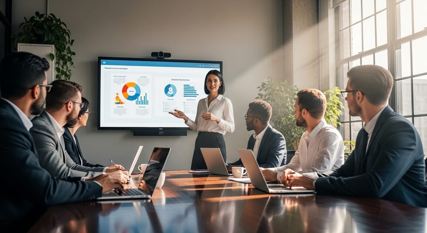 Đội ngũ chuyên gia truyền thông năng động họp trong văn phòng hiện đại, một người trình bày trên màn hình lớn. Phong thái chuyên nghiệp họ có được là từ những trường đào tạo ngành truyền thông tốt nhất thế giới.