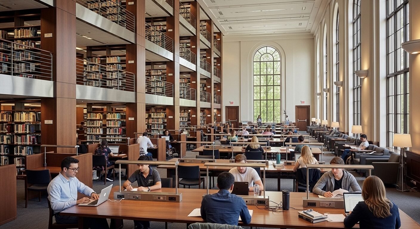 Thư viện hiện đại và rộng lớn của Đại học New South Wales, với các kệ sách cao ngất và sinh viên đa dạng đang học tập, làm việc, thảo luận dưới ánh sáng tự nhiên từ cửa sổ lớn.