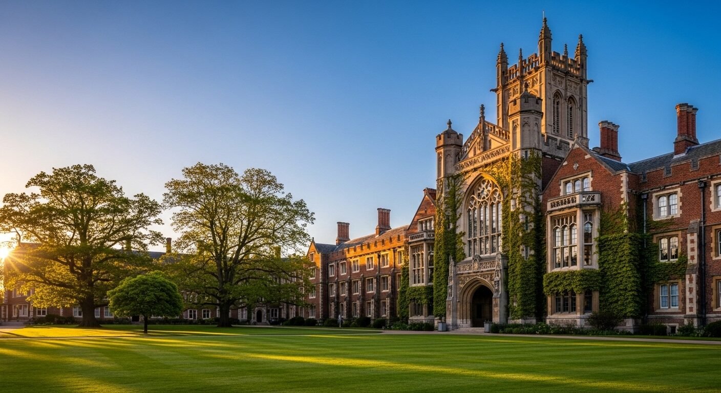 Tòa nhà đại học cổ kính, hùng vĩ với kiến trúc đá và gạch tinh xảo dưới ánh hoàng hôn vàng. Hình ảnh biểu tượng cho di sản học thuật, thường thấy ở các trường top trong bảng xếp hạng đại học Việt Nam 2025.