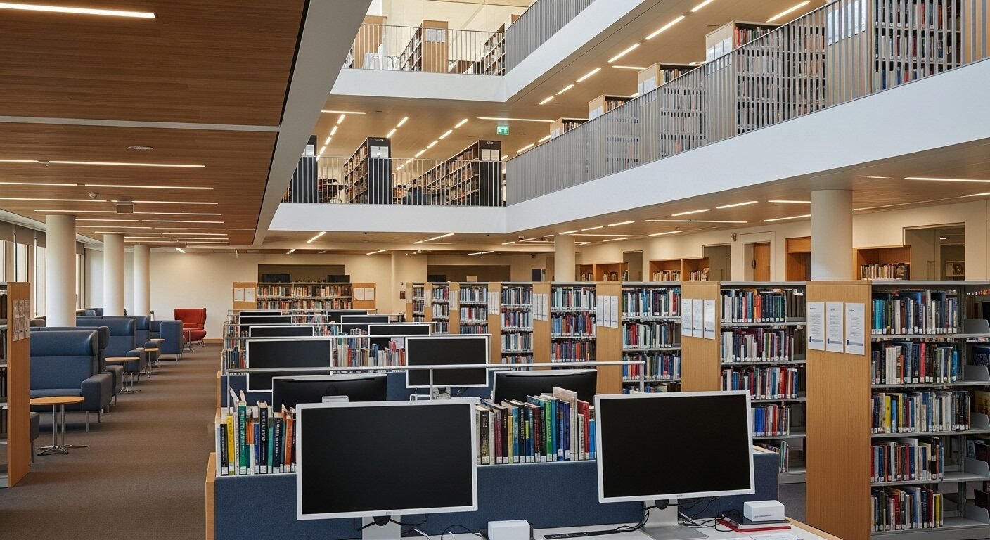 Thư viện đại học hiện đại, sáng sủa với sinh viên học tập bên cửa sổ lớn, thể hiện môi trường giáo dục chất lượng cao – đặc trưng của các ĐH hàng đầu trong bảng xếp hạng ĐH có tầm ảnh hưởng nhất thế giới.