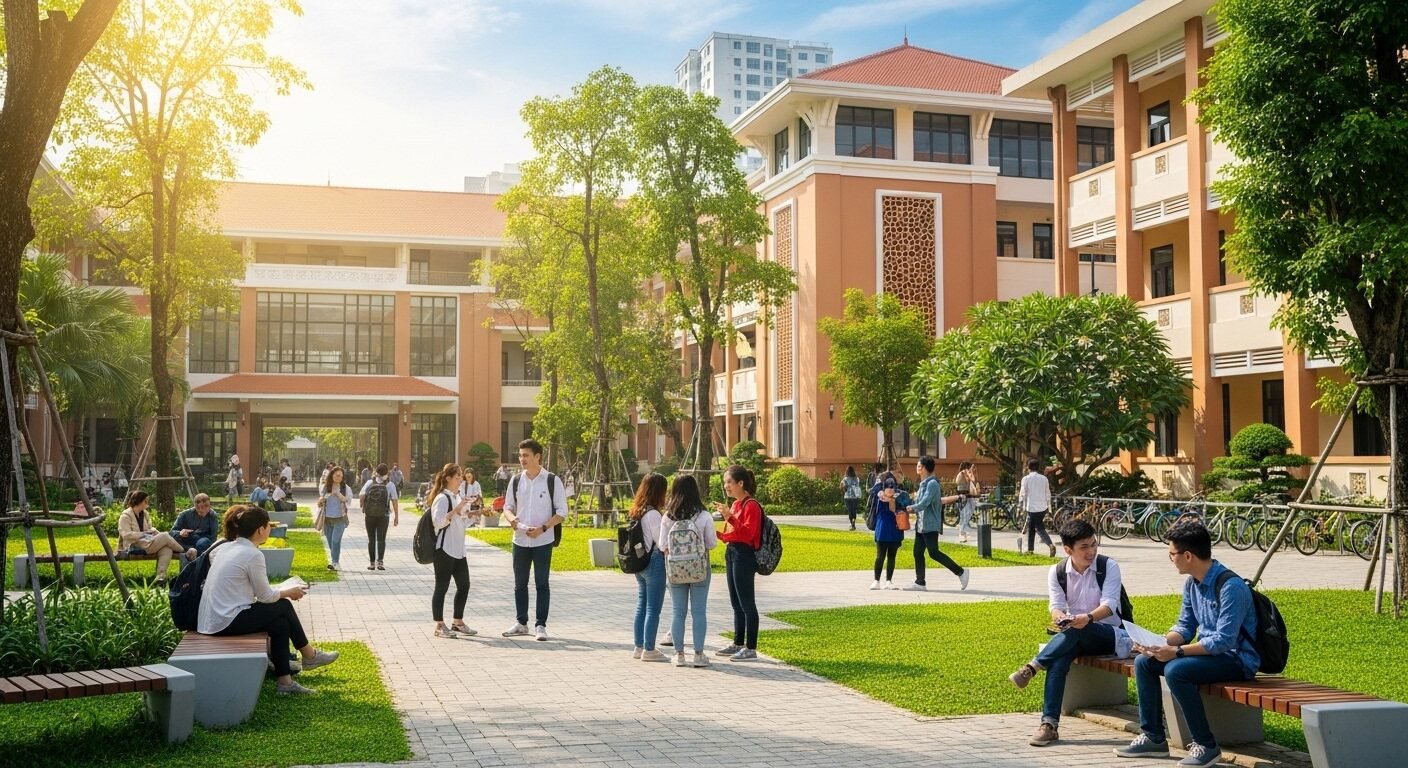 Quang cảnh khuôn viên trường đại học tốt nhất Hà Nội nhộn nhịp vào ban ngày, với sinh viên đa dạng đang tương tác, đi dạo và ngồi thư giãn giữa các tòa nhà hiện đại cùng không gian xanh mát.