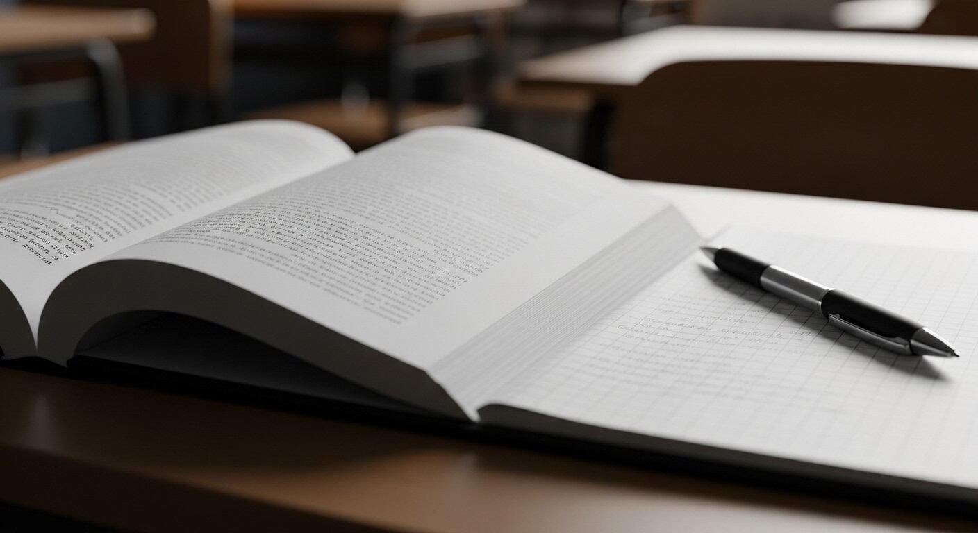 Bàn học ngăn nắp với sách vở mở và bút, tạo không khí học tập chuyên chú. Hình ảnh điển hình cho quá trình ôn luyện để đạt điểm chuẩn lớp 10 Hà Nội.