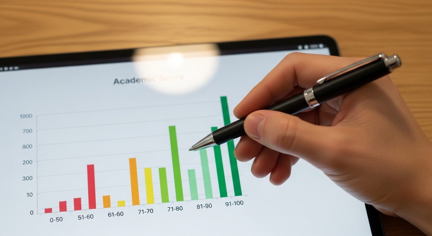 Bàn tay cầm bút chỉ vào biểu đồ điểm trên máy tính bảng, phân tích dữ liệu tham khảo điểm sàn đại học 2025 Hà Nội.