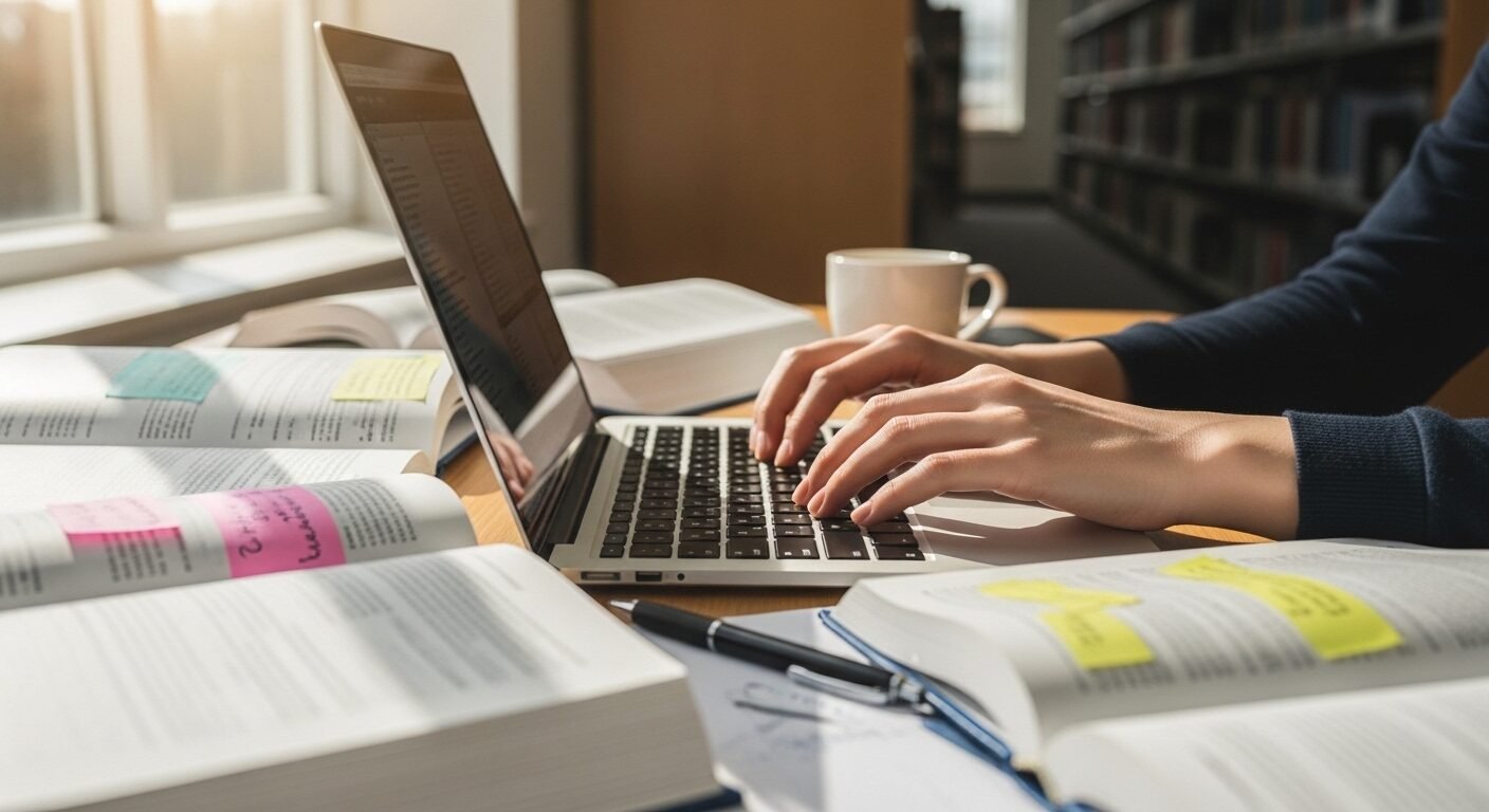 Tay sinh viên miệt mài gõ laptop giữa sách vở trong thư viện đại học, nghiên cứu cách tối ưu hóa chi phí để tiết kiệm khi du học. Tay sinh viên miệt mài gõ laptop giữa sách vở trong thư viện đại học, nghiên cứu cách tối ưu hóa chi phí để tiết kiệm khi du học.