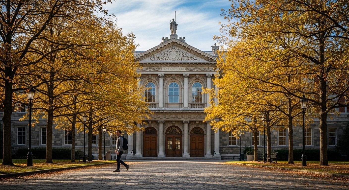 Một học sinh mang ba lô tự tin tiến vào cổng chính của một trường đại học lịch sử tráng lệ, khung cảnh gợi lên hành trình học tập và các yếu tố liên quan đến chi phí du học.