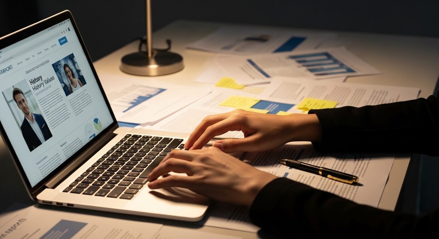 Cận cảnh bàn làm việc với tay đang gõ laptop, tài liệu và bút, màn hình hiển thị thông tin công ty. Hình ảnh thể hiện sự tập trung nghiên cứu sâu, giúp chuẩn bị tự tin cho các câu hỏi phỏng vấn và cách trả lời hiệu quả. Cận cảnh bàn làm việc với tay đang gõ laptop, tài liệu và bút, màn hình hiển thị thông tin công ty. Hình ảnh thể hiện sự tập trung nghiên cứu sâu, giúp chuẩn bị tự tin cho các câu hỏi phỏng vấn và cách trả lời hiệu quả.