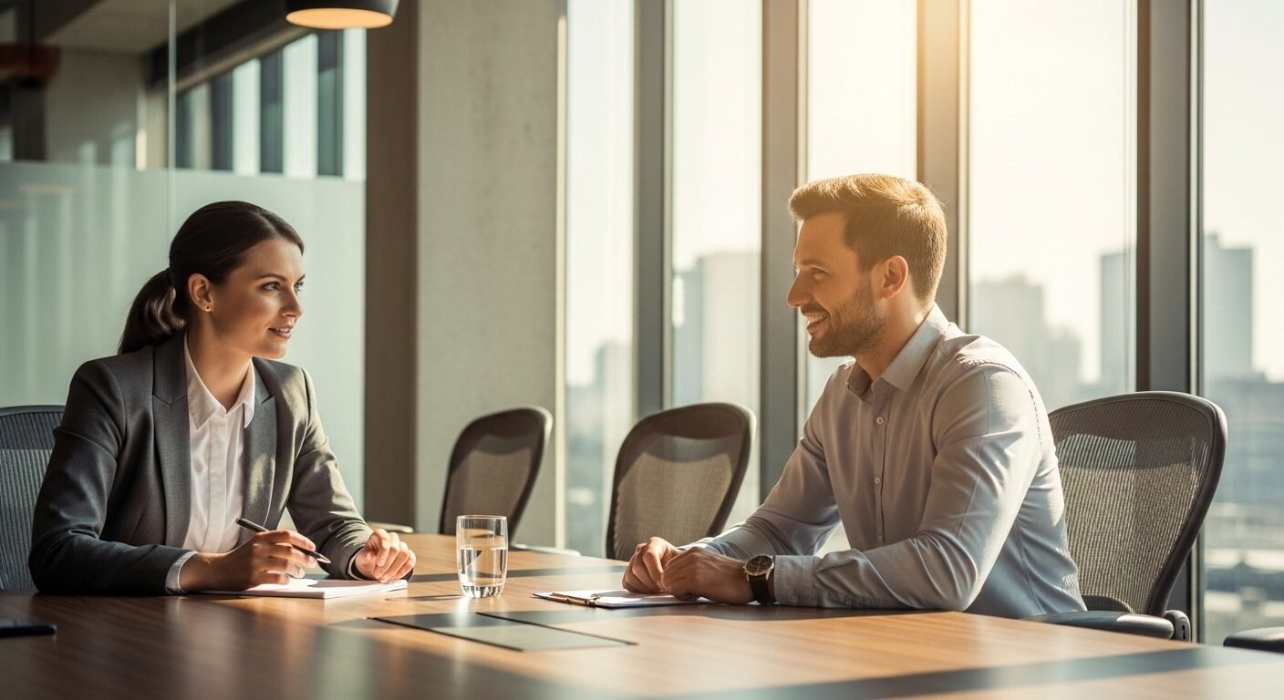 ứng viên và người phỏng vấn tương tác tích cực trong phòng họp hiện đại, tràn ngập ánh sáng. Buổi trò chuyện cởi mở giúp chuẩn bị tốt cho những câu hỏi cuối buổi phỏng vấn quan trọng.