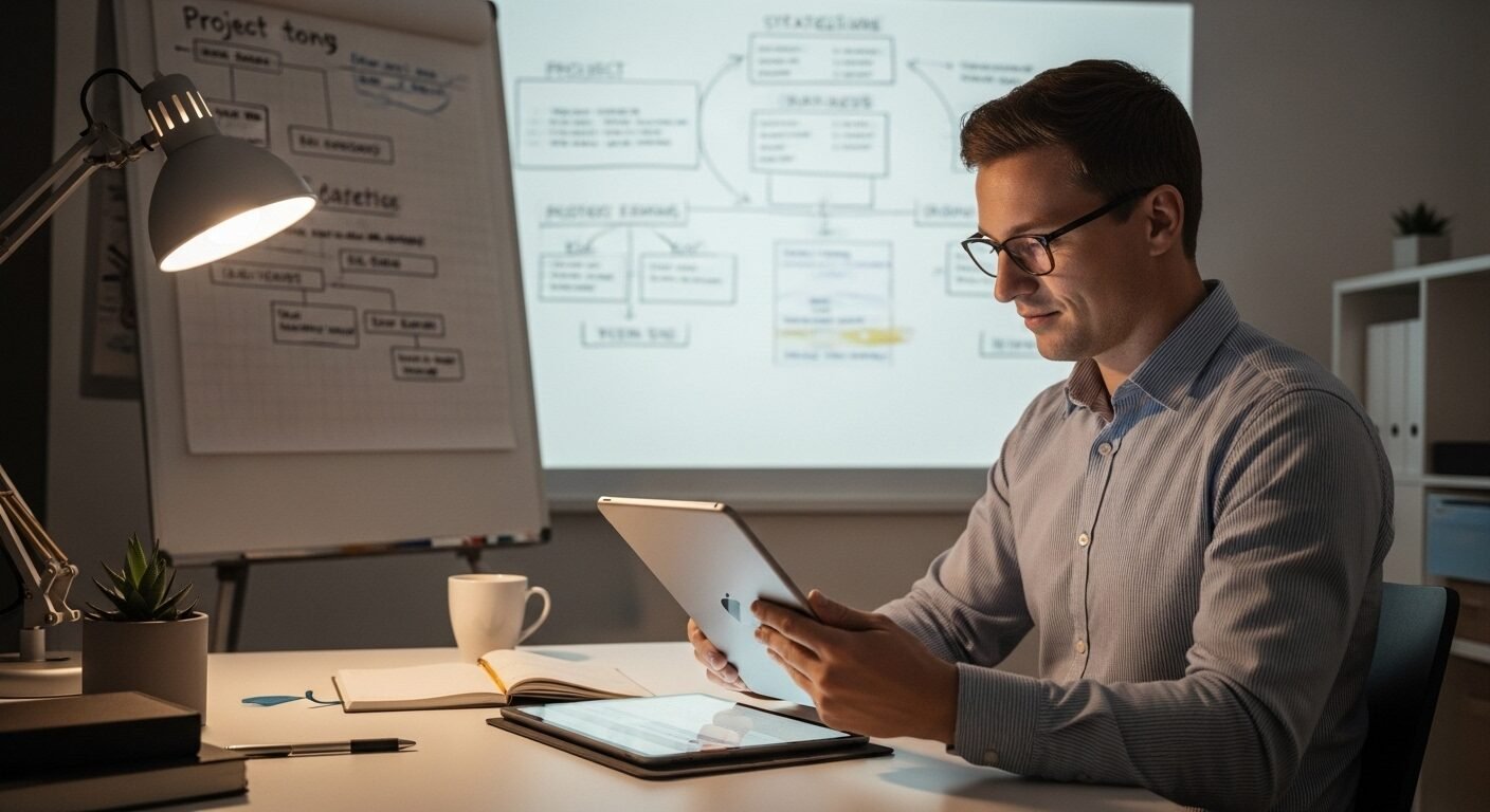 Chuyên gia tập trung đọc tài liệu trên máy tính bảng tại bàn làm việc hiện đại, với bảng kế hoạch rõ ràng phía sau. Hình ảnh minh họa sự chuẩn bị và phát triển liên tục, yếu tố then chốt để thuyết phục nhà tuyển dụng bằng trung bình thông qua nỗ lực và chiến lược học tập.