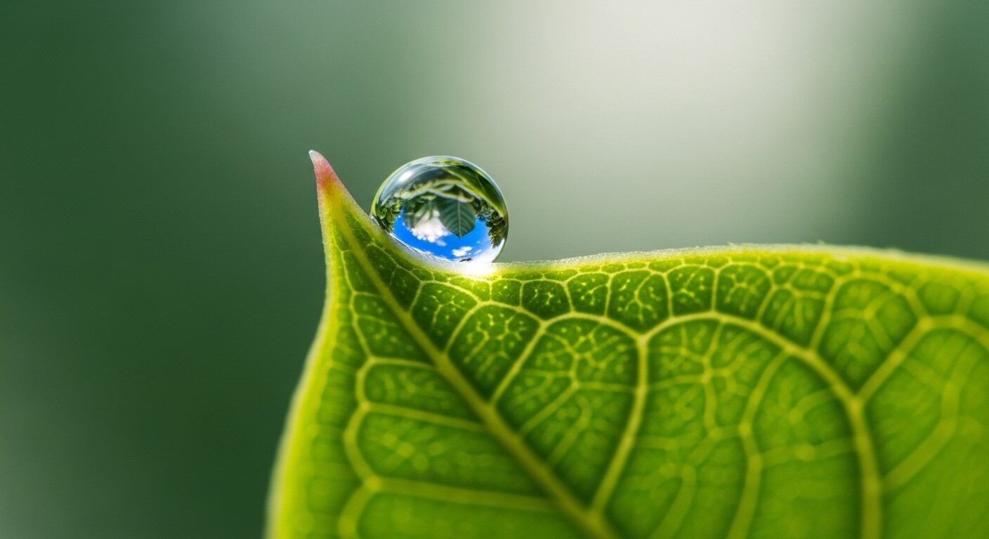 Ảnh macro giọt sương trong veo trên lá xanh tươi phản chiếu bầu trời xanh. Hình ảnh gợi nhắc về sự rõ ràng và cách chuẩn bị tốt nhất cho cách trả lời tại sao bạn nghỉ việc tại công ty cũ.