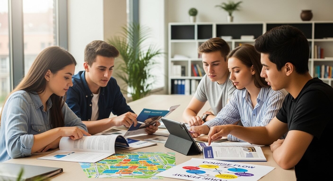 Nhóm học sinh trung học đang chăm chú nghiên cứu tài liệu và thông tin tuyển sinh đại học trên máy tính bảng trong phòng học hiện đại, chuẩn bị cho kỳ xét tuyển và tìm hiểu điểm sàn xét tuyển đại học Hà Nội 2025.