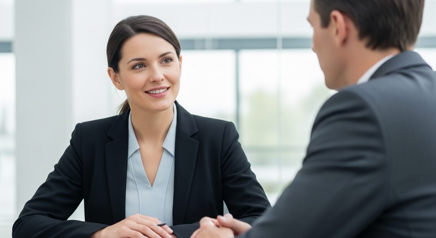 Ứng viên chuyên nghiệp mỉm cười tự tin, giao tiếp bằng mắt với người phỏng vấn, minh họa cách trả lời câu hỏi giới thiệu bản thân và tạo ấn tượng tích cực trong buổi phỏng vấn. Ứng viên chuyên nghiệp mỉm cười tự tin, giao tiếp bằng mắt với người phỏng vấn, minh họa cách trả lời câu hỏi giới thiệu bản thân và tạo ấn tượng tích cực trong buổi phỏng vấn.