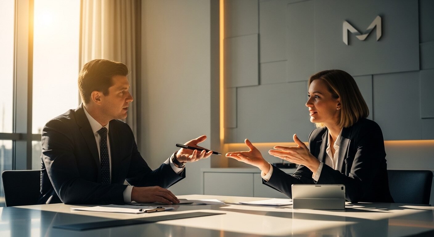 Hai người trao đổi chuyên nghiệp về kinh nghiệm phỏng vấn trong phòng họp hiện đại. Hai người trao đổi chuyên nghiệp về kinh nghiệm phỏng vấn trong phòng họp hiện đại.