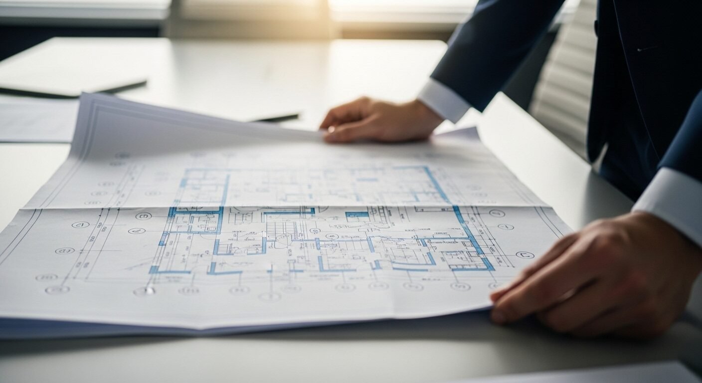 Bàn tay cầm bản thiết kế chi tiết trên bàn, tượng trưng cho chiến lược và sự chuẩn bị kỹ lưỡng. Một kế hoạch rõ ràng là chìa khóa thành công, đặc biệt khi tìm hiểu cách trả lời phỏng vấn khi chưa có kinh nghiệm một cách hiệu quả.