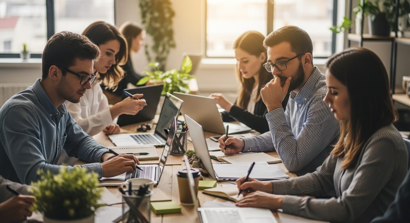 Bốn chuyên gia đa dạng cộng tác tại văn phòng hiện đại, bối cảnh cho việc tìm hiểu sâu hơn về Lý do ứng viên từ chối lời mời làm việc.