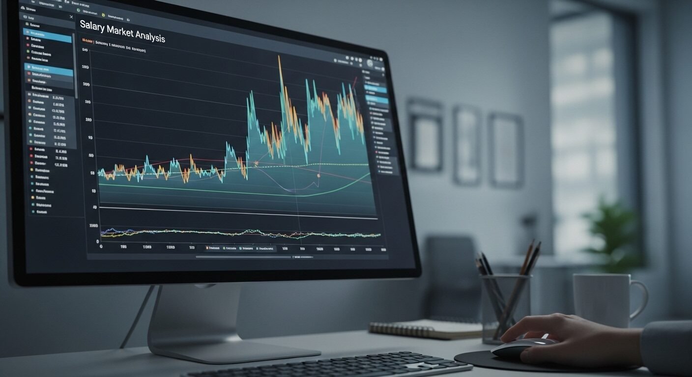 Màn hình máy tính hiển thị biểu đồ phân tích thị trường tiền lương, chuẩn bị cho cải cách tiền lương 2024.